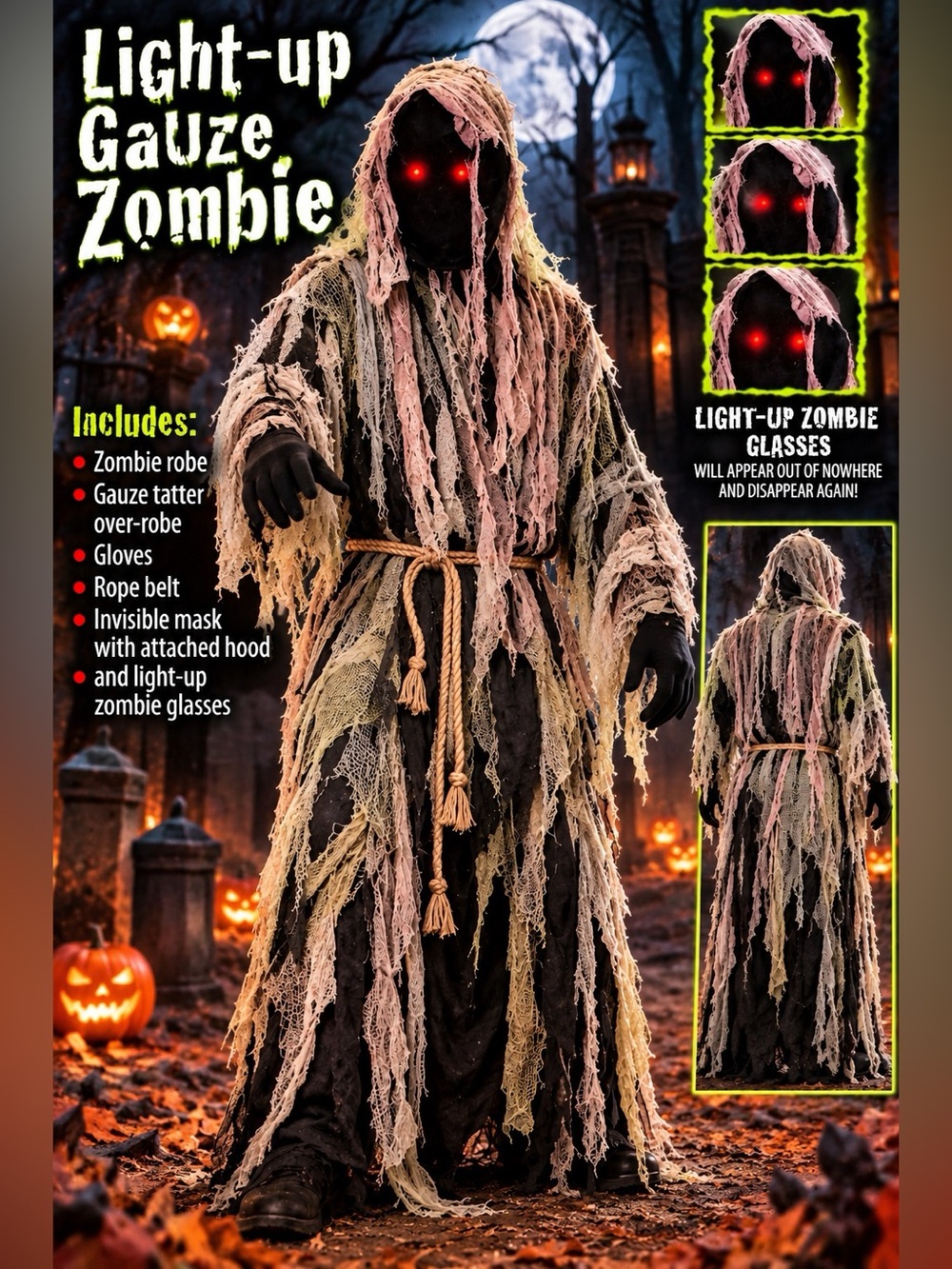 Fun World Light-up Gauze Zombie Halloween Costume Adult size one size fits most